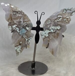 🦋 Moss Agate Butterfly Wings on Stand Natural Crystal Carving Ethereal Display